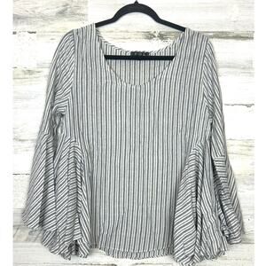 POL Womens S Oversized Blue White Striped Long Bell Sleeve Blouse Boho Top NEW